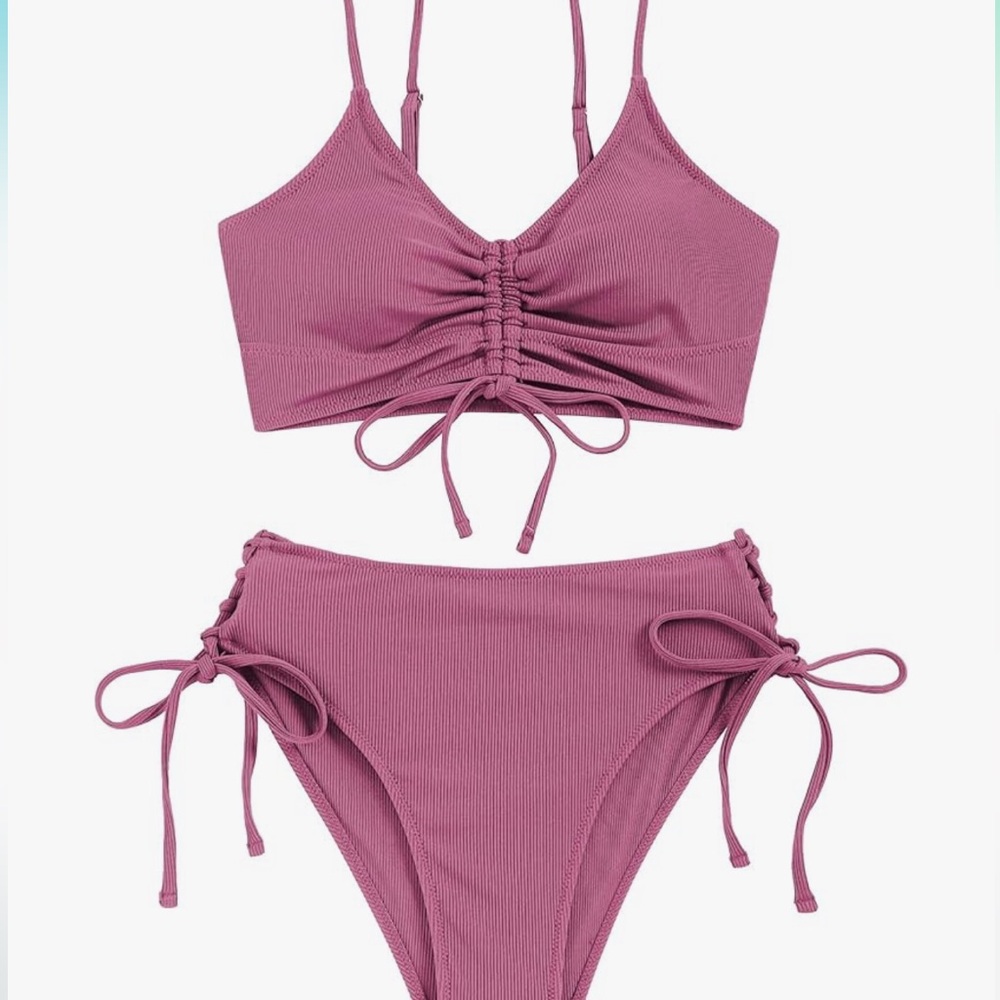 ZAFUL V Neck Bikini Set Ruched Tie Front High Waisted Ribbed 2 Piece 6 M - Picture 2 of 9